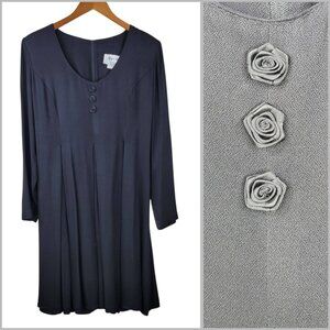Vintage 90s Dress 12 Medium Black Flare Skirt Sheath Tie Back Rose alt Babydoll